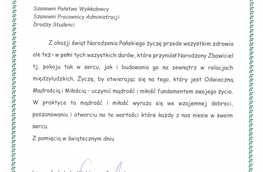 Życzenia świąteczne od Dziekana Wydziału Nauk Historycznych UKSW