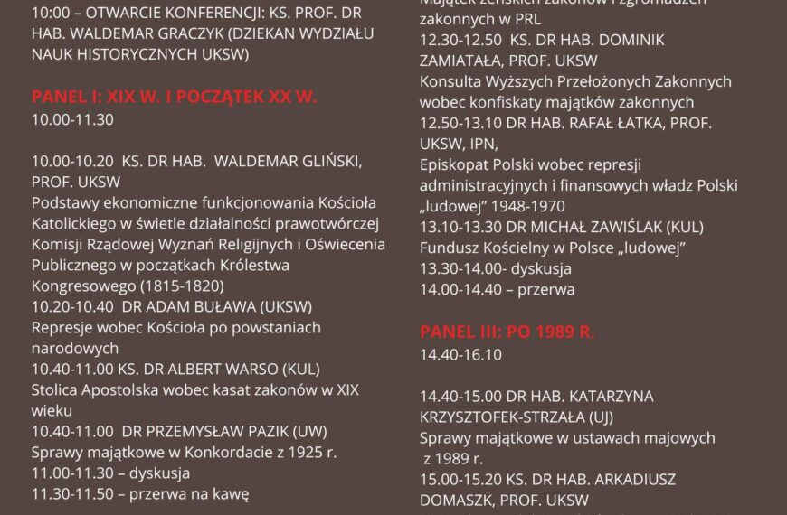 Zapraszamy na konferencję naukową „Majątek kościelny w Polsce od XIX do XXI wieku” (23 stycznia)