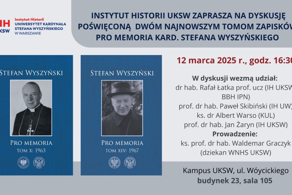 Zapraszamy na dyskusję nad nowymi tomami zapisków „Pro Memoria” kard. Stefana Wyszyńskiego (12 marca)